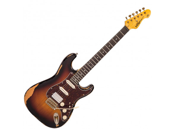 Vintage  Icon V6HMRSSB Ultra-Gloss Distressed Sunset Sunburst - Guitarra eléctrica estilo ST da série Vintage Icon, Acabamento ultra-brilhante e angustiado com envelhecimento artificial, corpo de álamo, Pescoço de bordo aparafusado, Quadro de Jatobá com incrust...