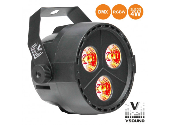VSOUND  Projector Luz c/ 3 Leds 4W RGBW DMX VSPROJPL34A - Projector c/ LEDs RGBW e efeitos de controlo, Número de LEDs: 3 LEDs c/ 4W potência, LEDs RGBW 4 em 1, visor digital LED, Som activo, MASTER-SLAVE, canais DMX, Tensão funcionamento: 230Vac, 50-60Hz...