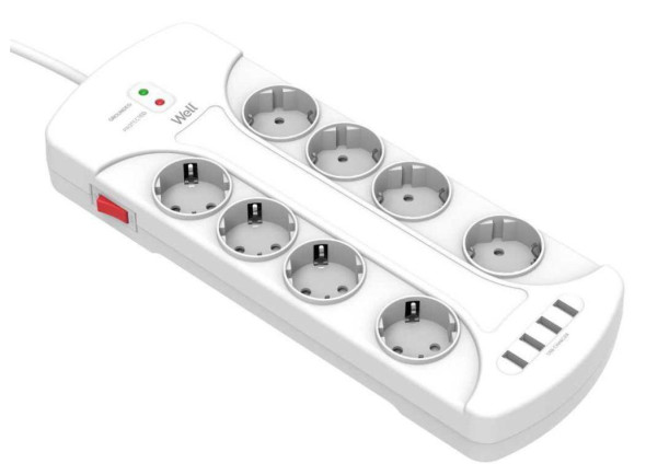 Well Extensão Elétrica 8x Schuko 4 USB Interruptor 3m